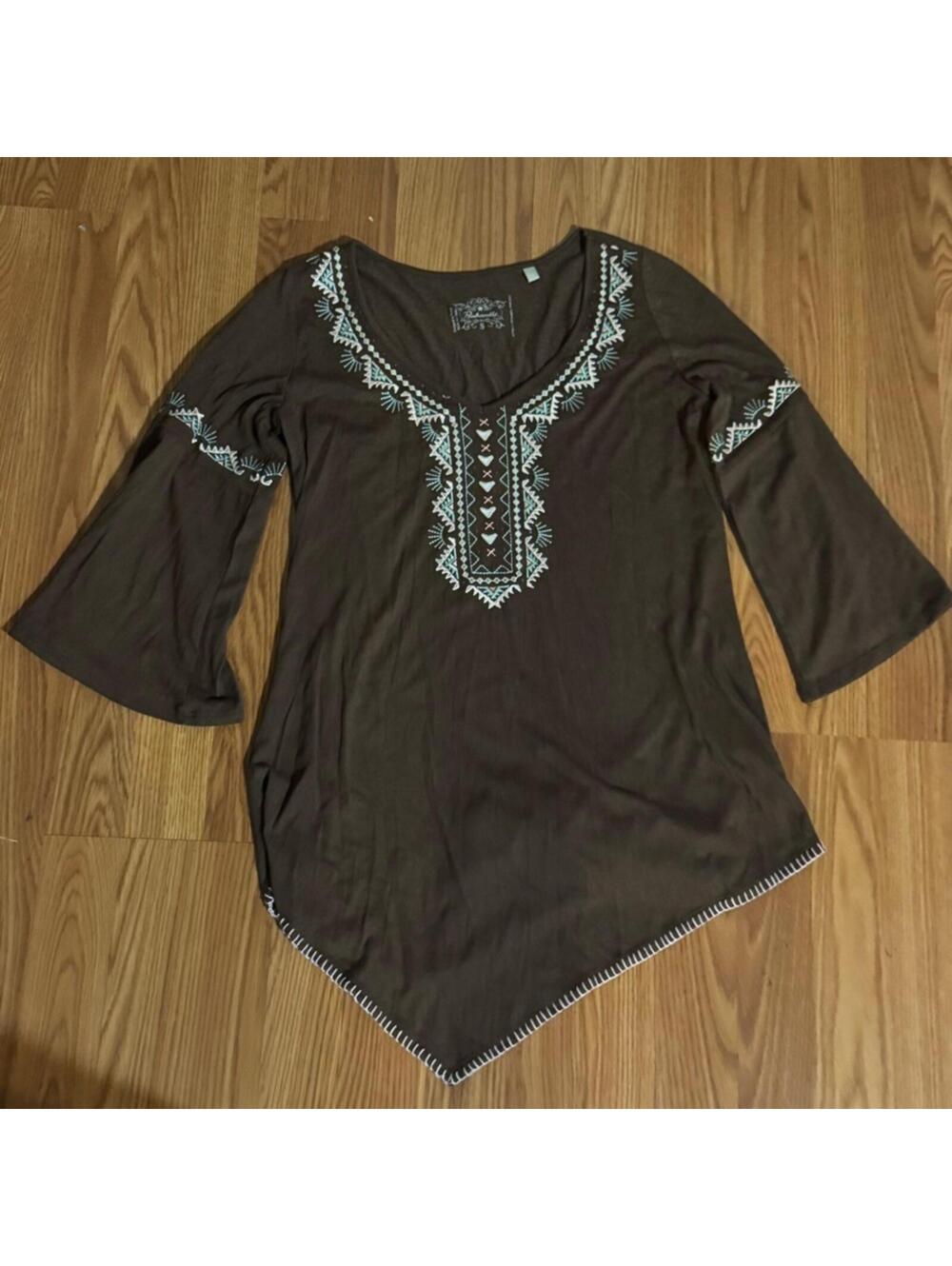 Panhandle Western Brown Embroidered Women's 3/4 Sleeve Top Size S Y2k Tribal